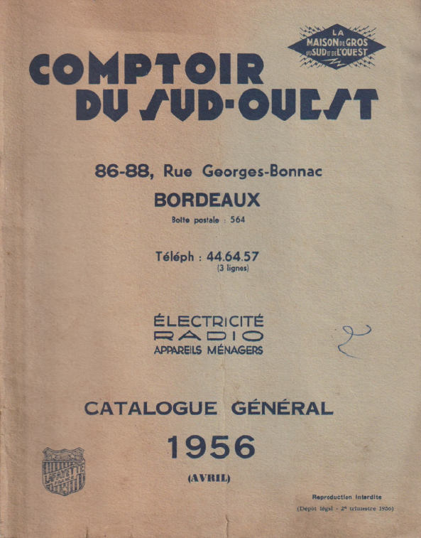 Ancien Catalogue Comptoir du Sud Ouest 1956