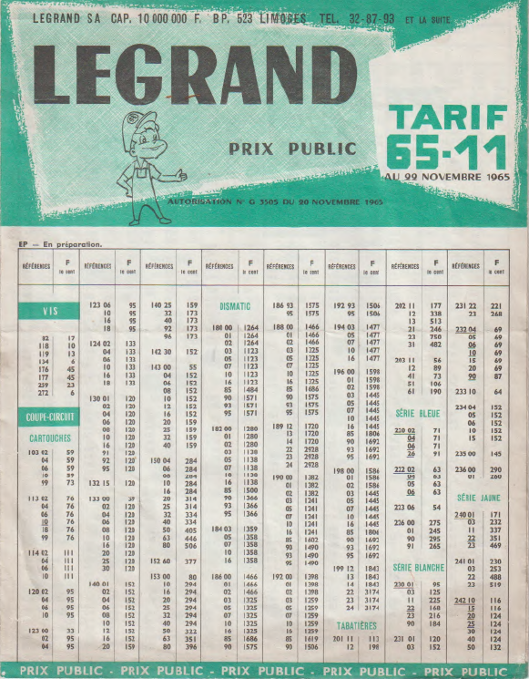 Ancien Tarif Legrand 1965